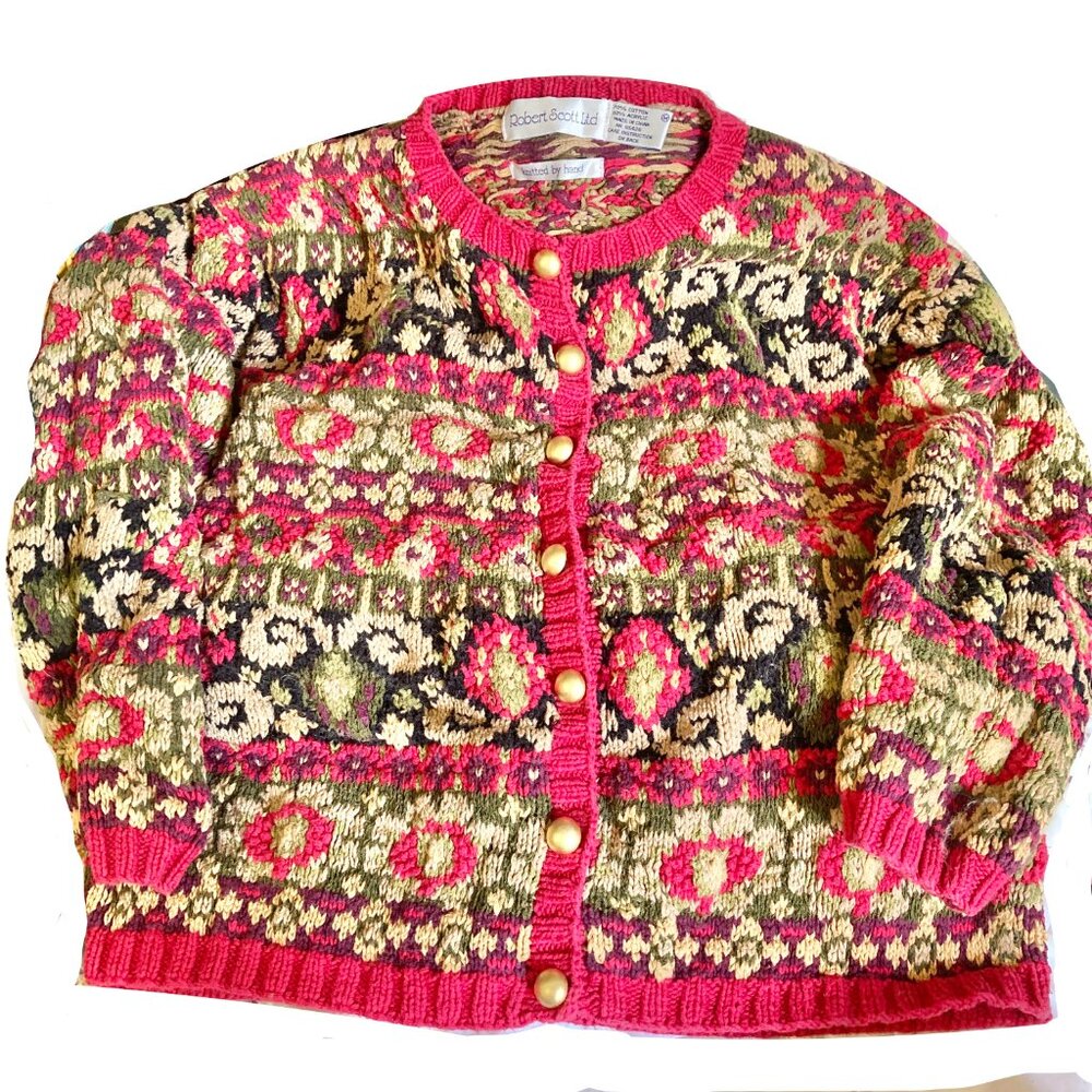 Vintage Fair Isle Cardigan Robert Scott Cotton Blend sz M Hand Knit